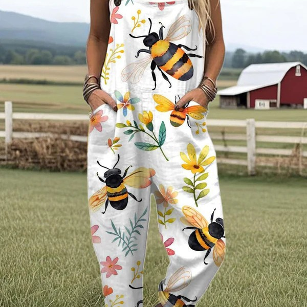 Ricarda — Bumblebee and Yellow Blossom Print Overalls