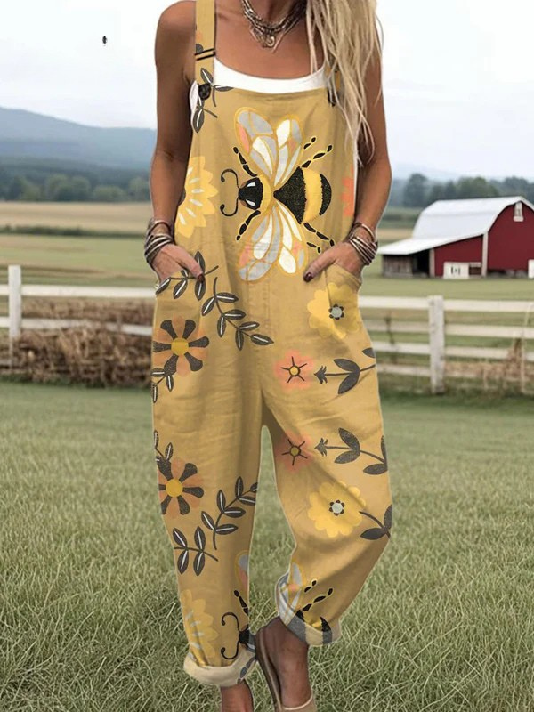 Renee — Mustard Bee and Folk Flower Print Overalls