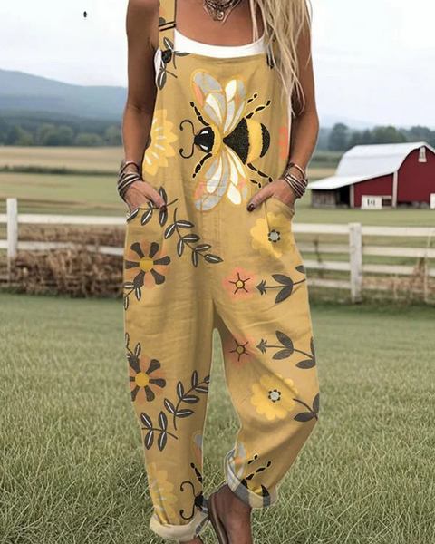 Renee — Mustard Bee and Folk Flower Print Overalls
