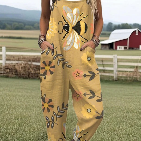 Renee — Mustard Bee and Folk Flower Print Overalls