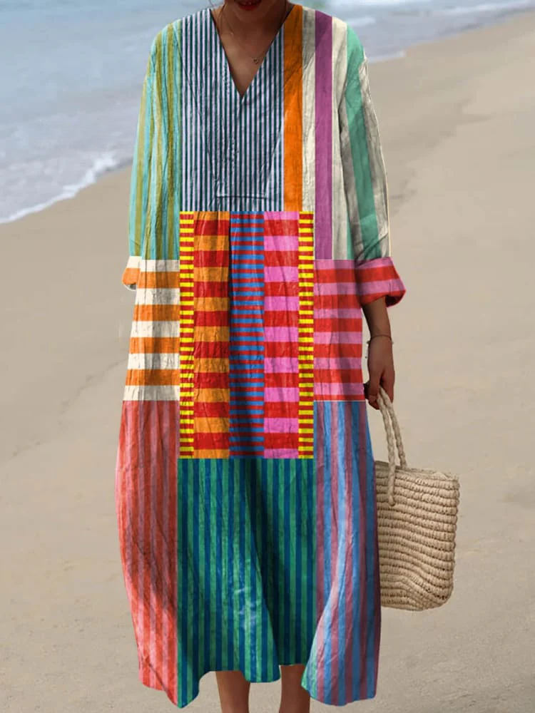 Jacinda — Striped Colour-Block Patchwork Midi Dress