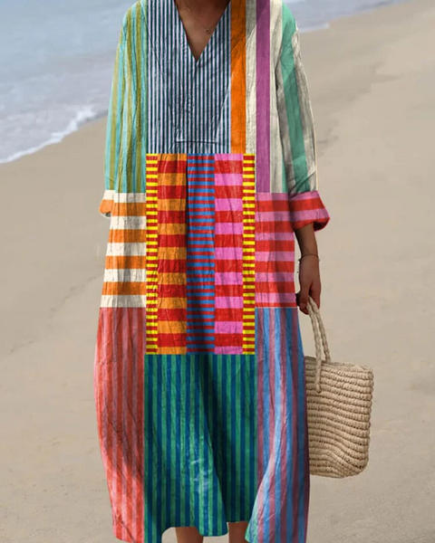 Jacinda — Striped Colour-Block Patchwork Midi Dress