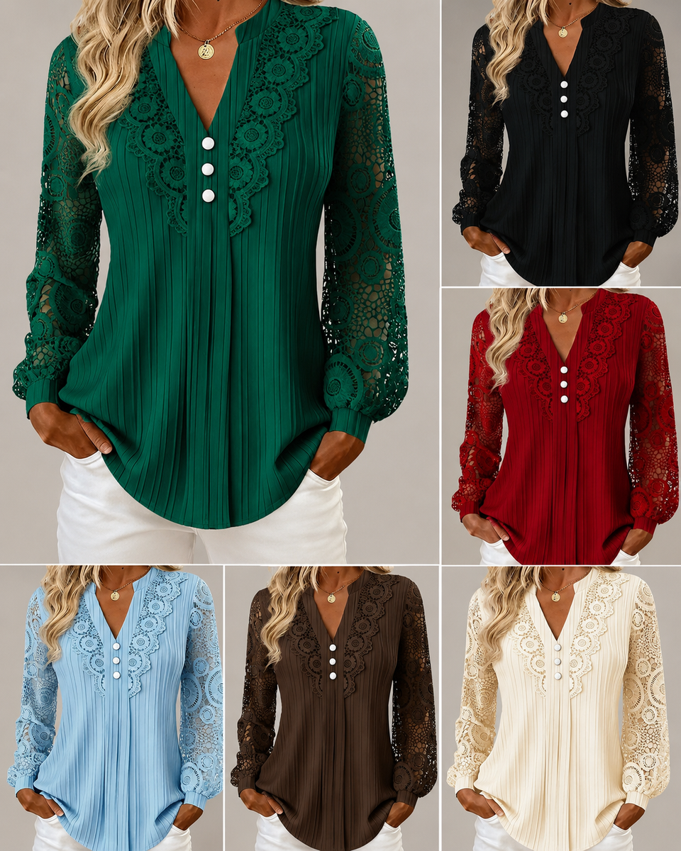 Valeria – V-Neck Pleated Top with Lace Sleeves