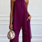 Susanna — Plum Halter Top and Wide-Leg Trouser Set