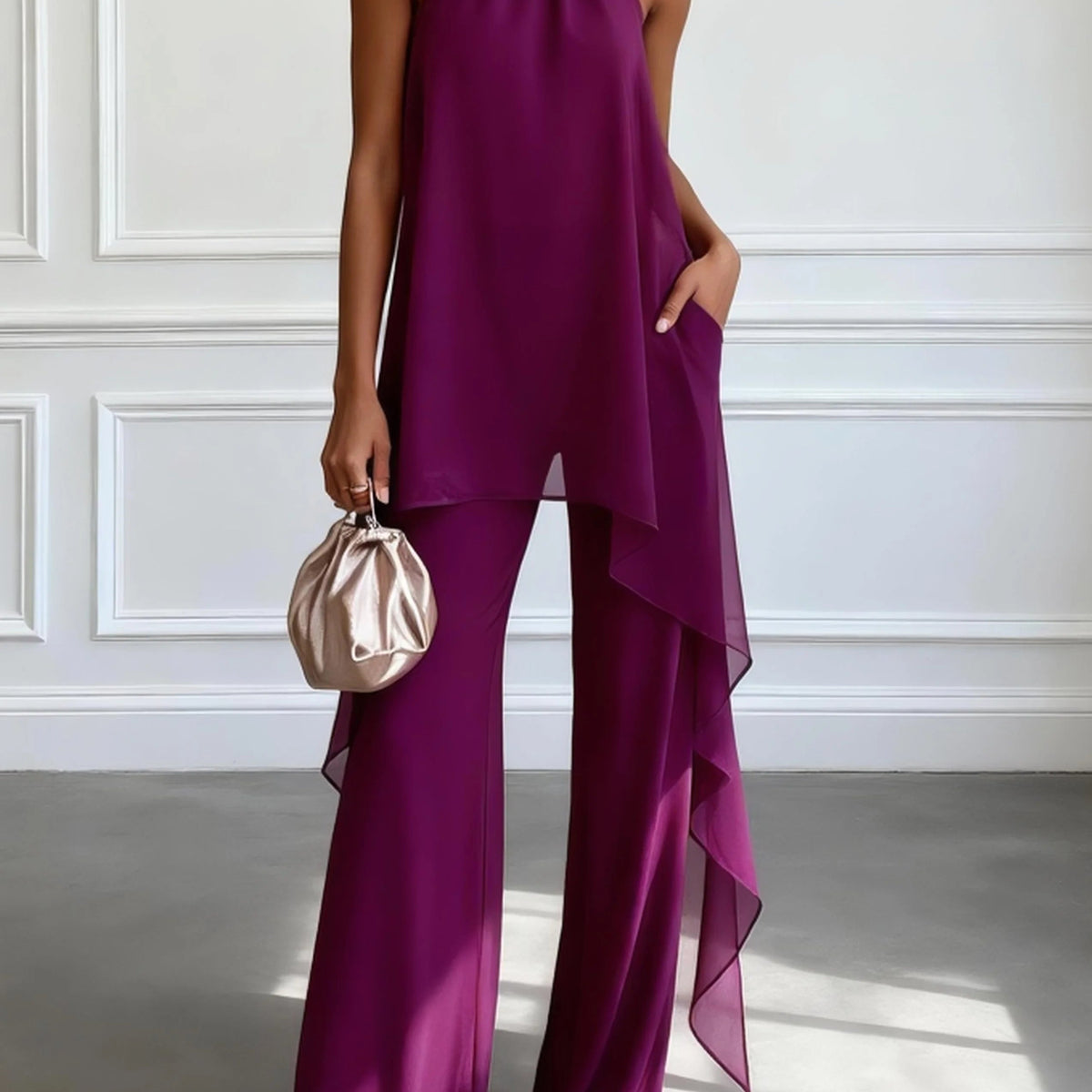 Susanna — Plum Halter Top and Wide-Leg Trouser Set