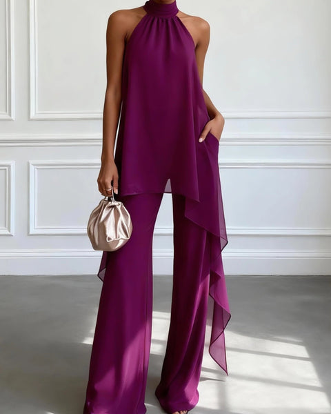 Susanna — Plum Halter Top and Wide-Leg Trouser Set
