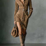 Alba | Long Sleeve Midi Dress - Brown