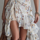 Thorhild — White Floral V-Neck Ruffle Mini Dress with Asymmetric Hem