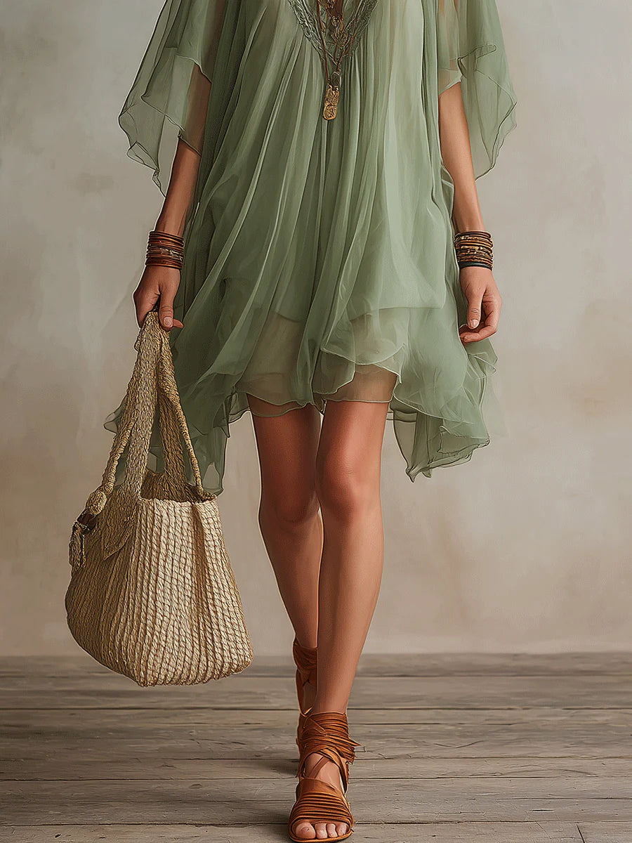 Colleen — Sheer Layered Mini Dress with Flutter Sleeves and Handkerchief Hem