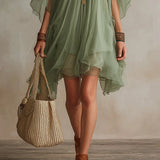 Colleen — Sheer Layered Mini Dress with Flutter Sleeves and Handkerchief Hem