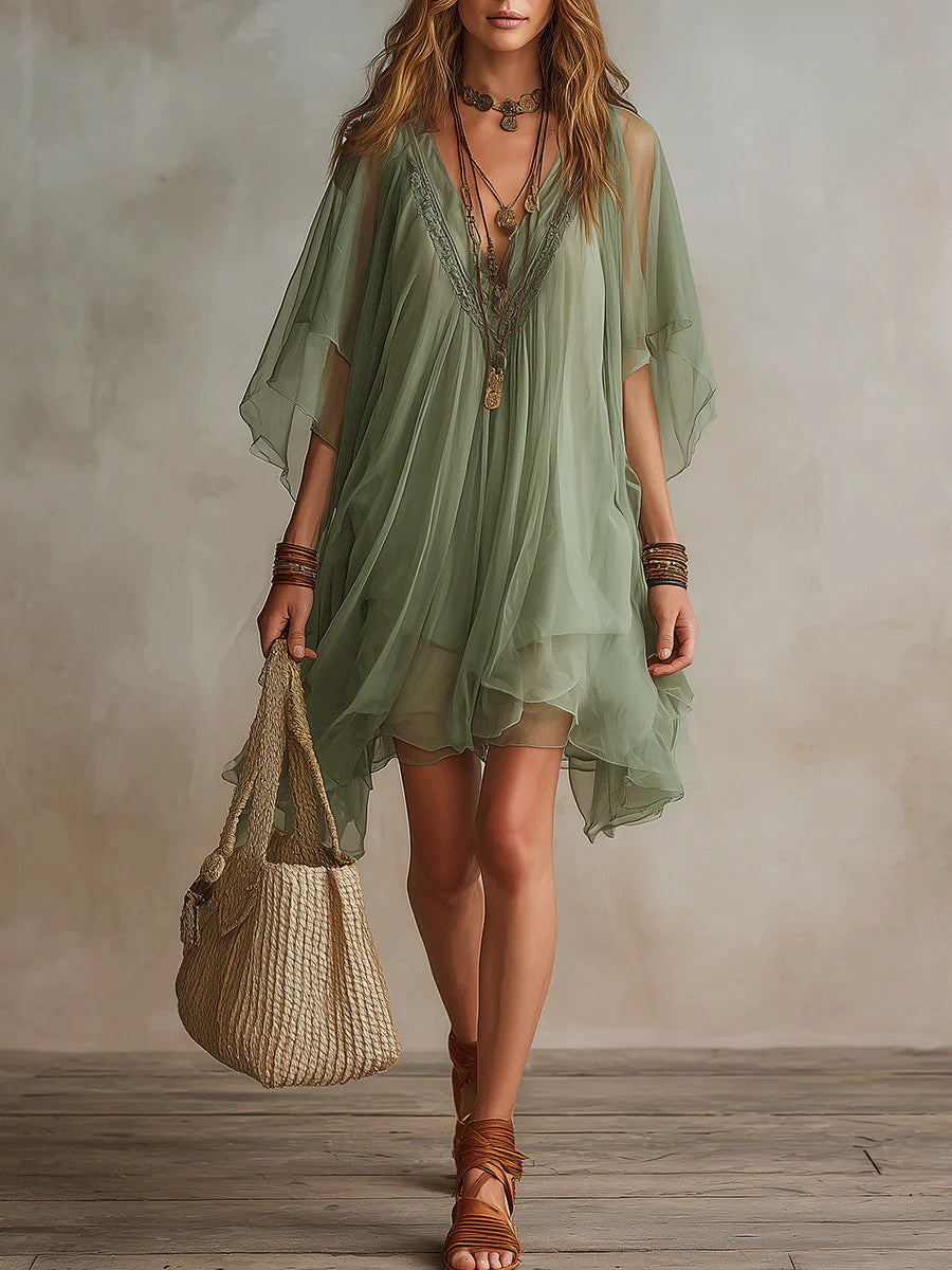 Colleen — Sheer Layered Mini Dress with Flutter Sleeves and Handkerchief Hem