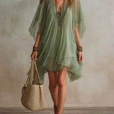 Colleen — Sheer Layered Mini Dress with Flutter Sleeves and Handkerchief Hem