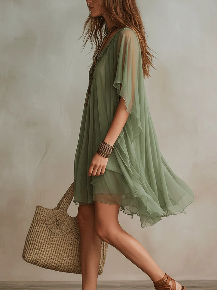 Colleen — Sheer Layered Mini Dress with Flutter Sleeves and Handkerchief Hem