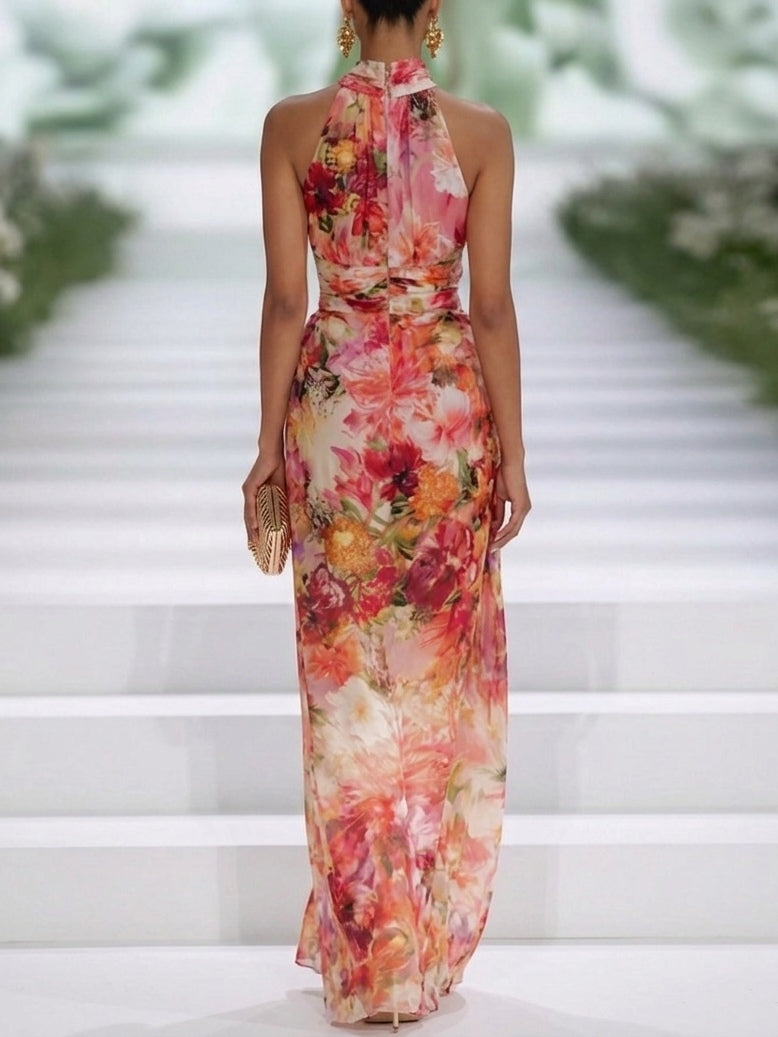 Alizee — Red Floral Halter-Neck Maxi Dress with Fitted Waist