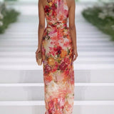 Alizee — Red Floral Halter-Neck Maxi Dress with Fitted Waist