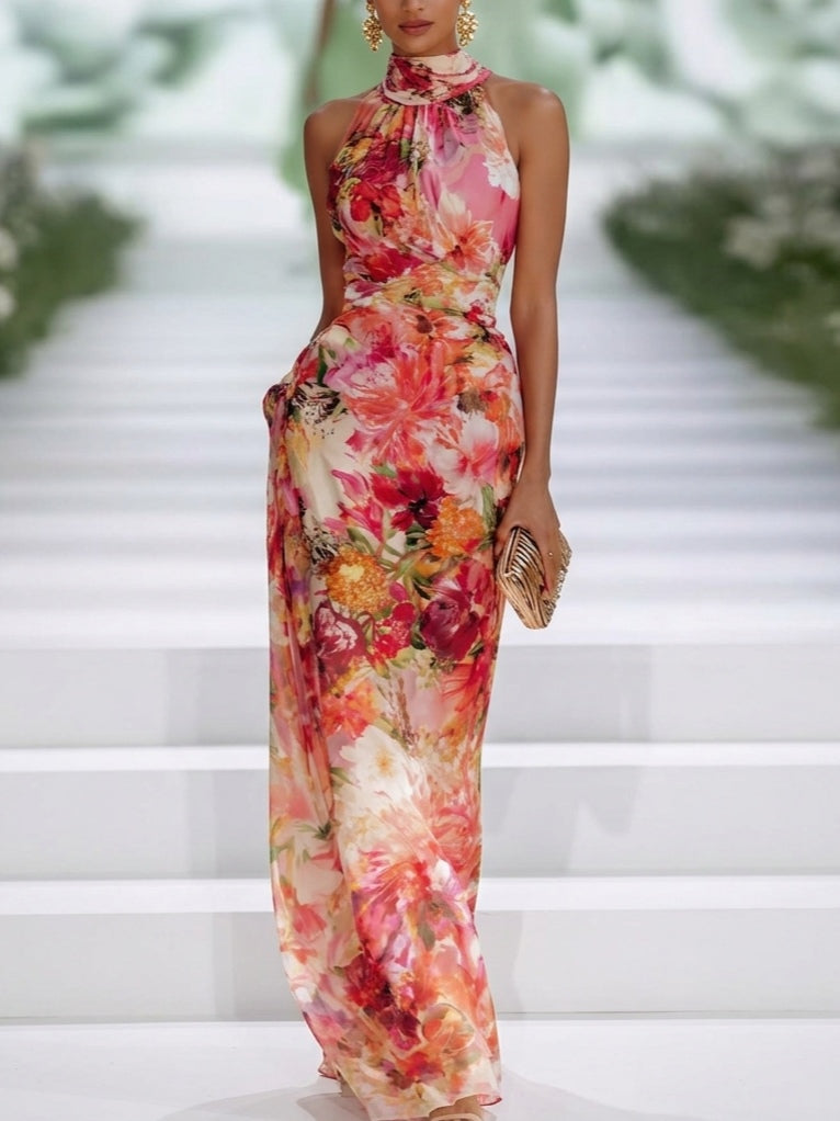 Alizee — Red Floral Halter-Neck Maxi Dress with Fitted Waist