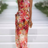 Alizee — Red Floral Halter-Neck Maxi Dress with Fitted Waist