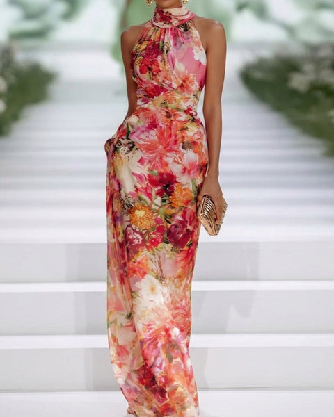 Alizee — Red Floral Halter-Neck Maxi Dress with Fitted Waist