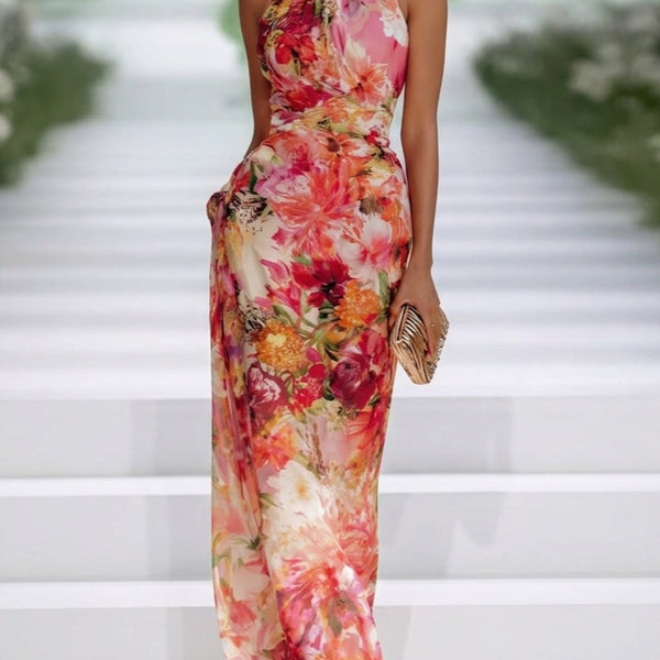 Alizee — Red Floral Halter-Neck Maxi Dress with Fitted Waist