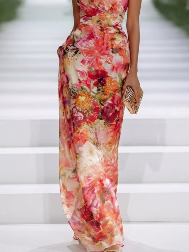 Alizee — Red Floral Halter-Neck Maxi Dress with Fitted Waist