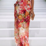 Alizee — Red Floral Halter-Neck Maxi Dress with Fitted Waist