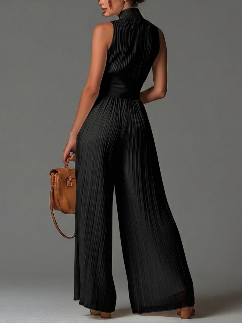 Melania — Black Zip-Front Pleated Wide-Leg Jumpsuit