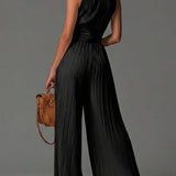 Melania — Black Zip-Front Pleated Wide-Leg Jumpsuit
