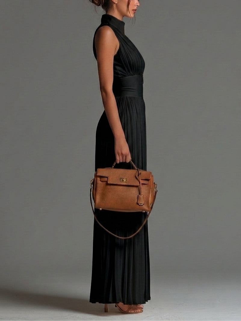 Melania — Black Zip-Front Pleated Wide-Leg Jumpsuit