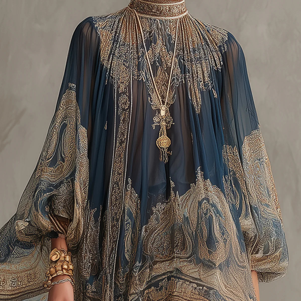 Guinevere — Navy and Tan Paisley-Print Mini Dress with Puffed Sleeves