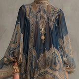 Guinevere — Navy and Tan Paisley-Print Mini Dress with Puffed Sleeves
