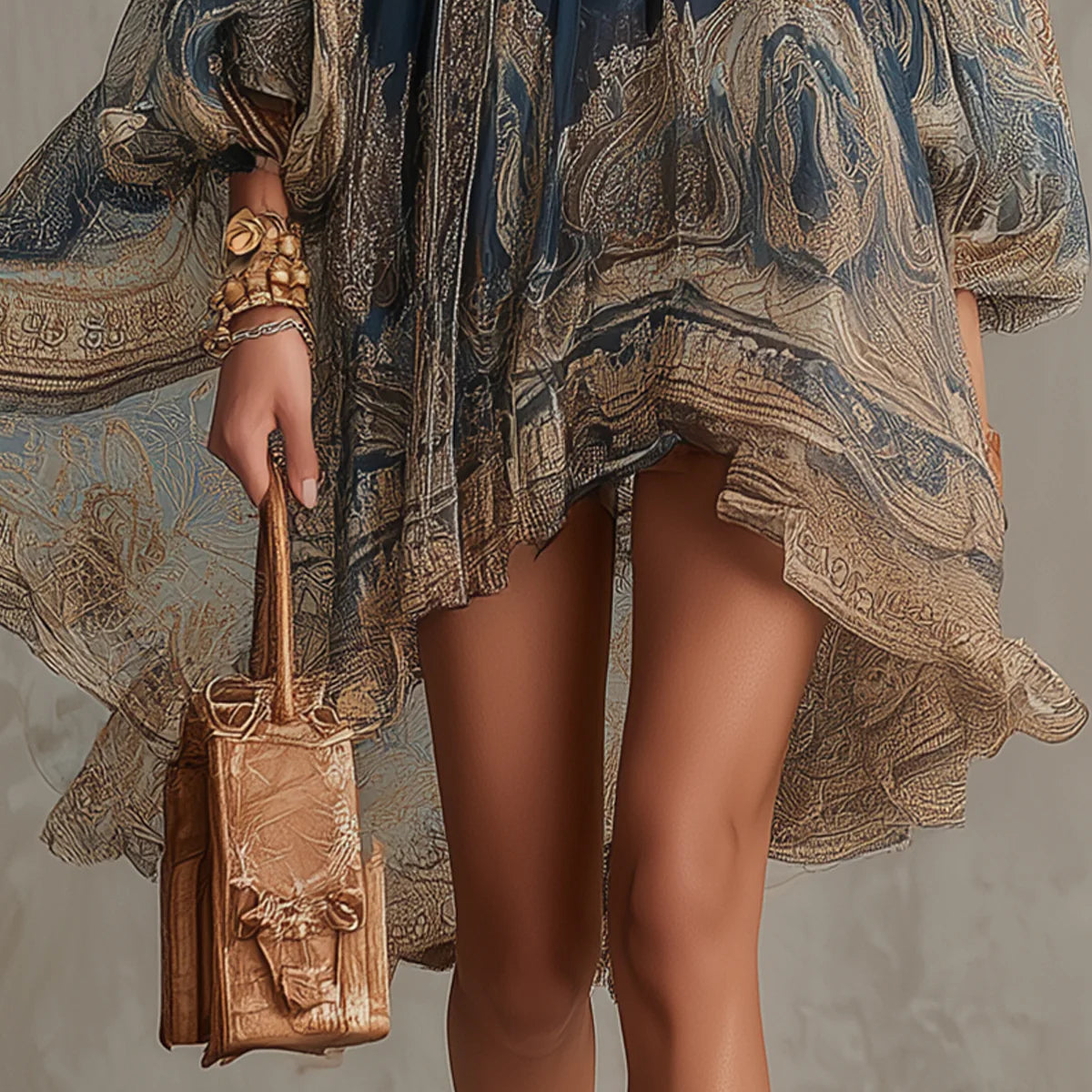 Guinevere — Navy and Tan Paisley-Print Mini Dress with Puffed Sleeves