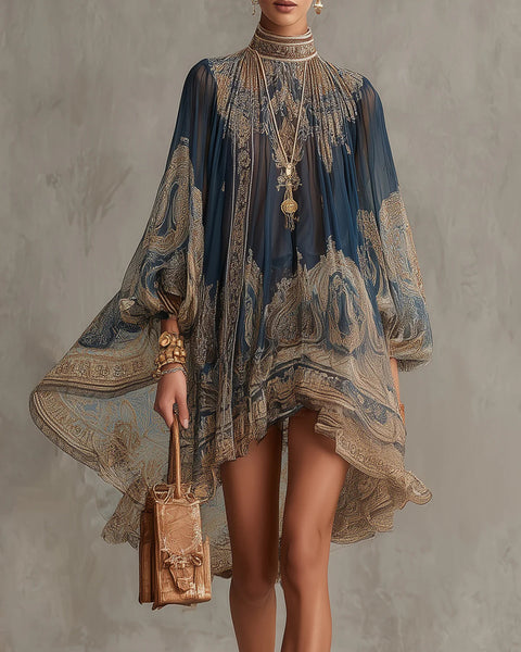 Guinevere — Navy and Tan Paisley-Print Mini Dress with Puffed Sleeves