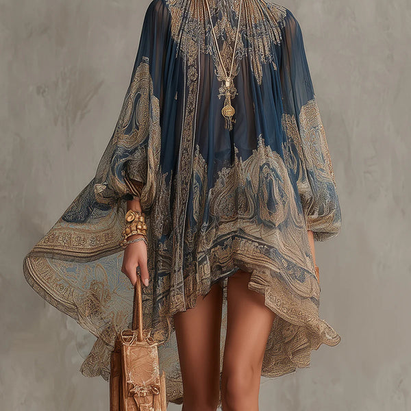 Guinevere — Navy and Tan Paisley-Print Mini Dress with Puffed Sleeves