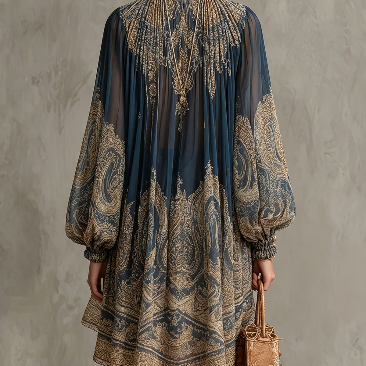 Guinevere — Navy and Tan Paisley-Print Mini Dress with Puffed Sleeves