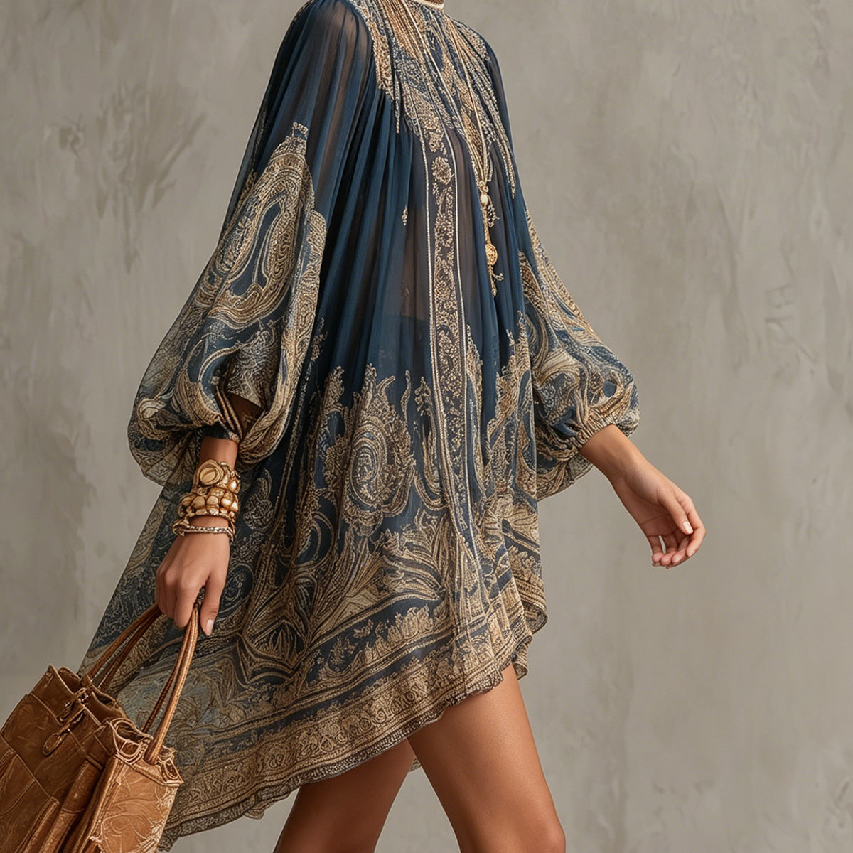Guinevere — Navy and Tan Paisley-Print Mini Dress with Puffed Sleeves