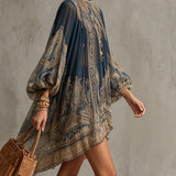 Guinevere — Navy and Tan Paisley-Print Mini Dress with Puffed Sleeves