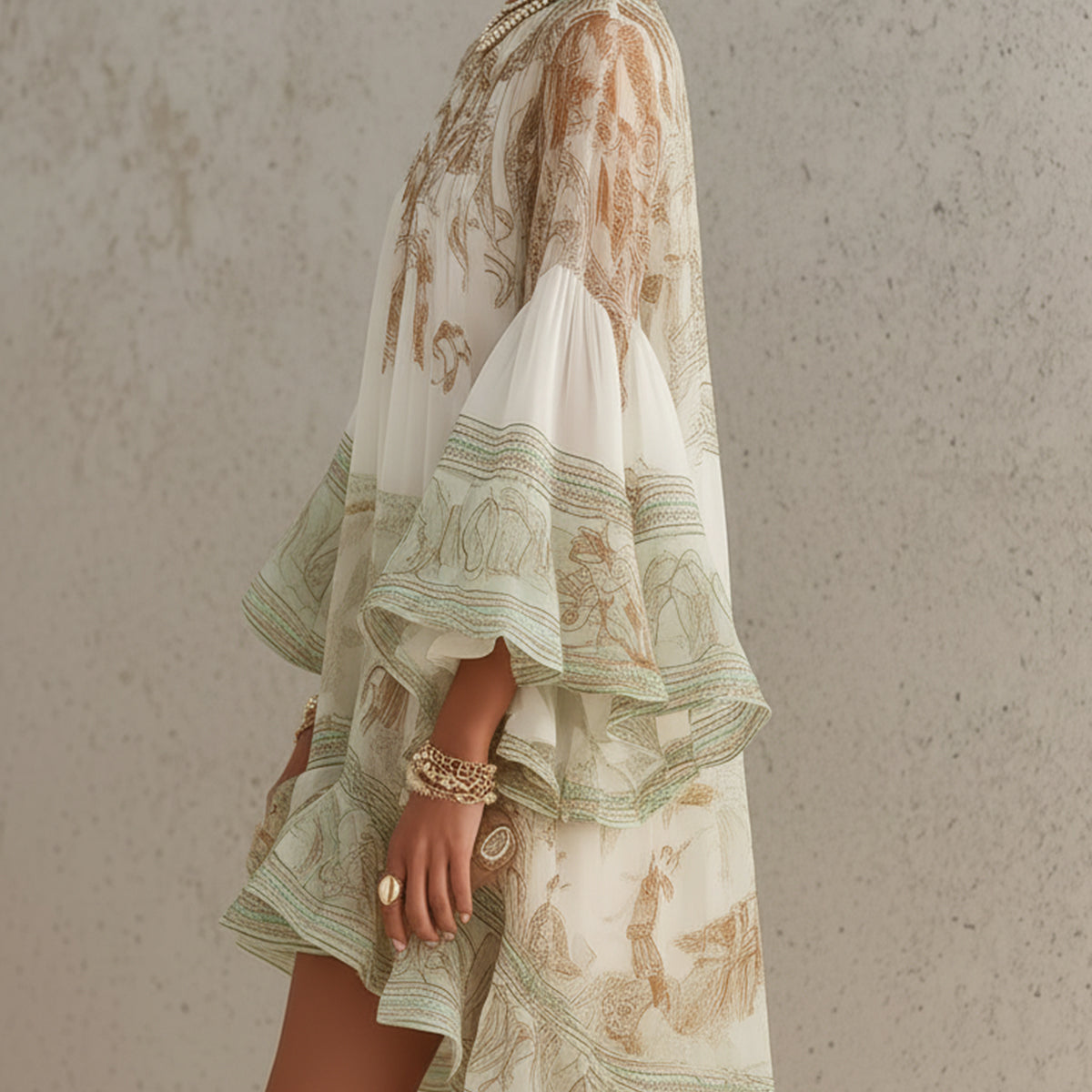 Anneke — Ivory and Sage Floral Mini Dress with Bell Sleeves