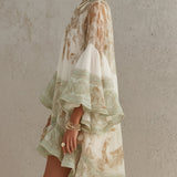 Anneke — Ivory and Sage Floral Mini Dress with Bell Sleeves