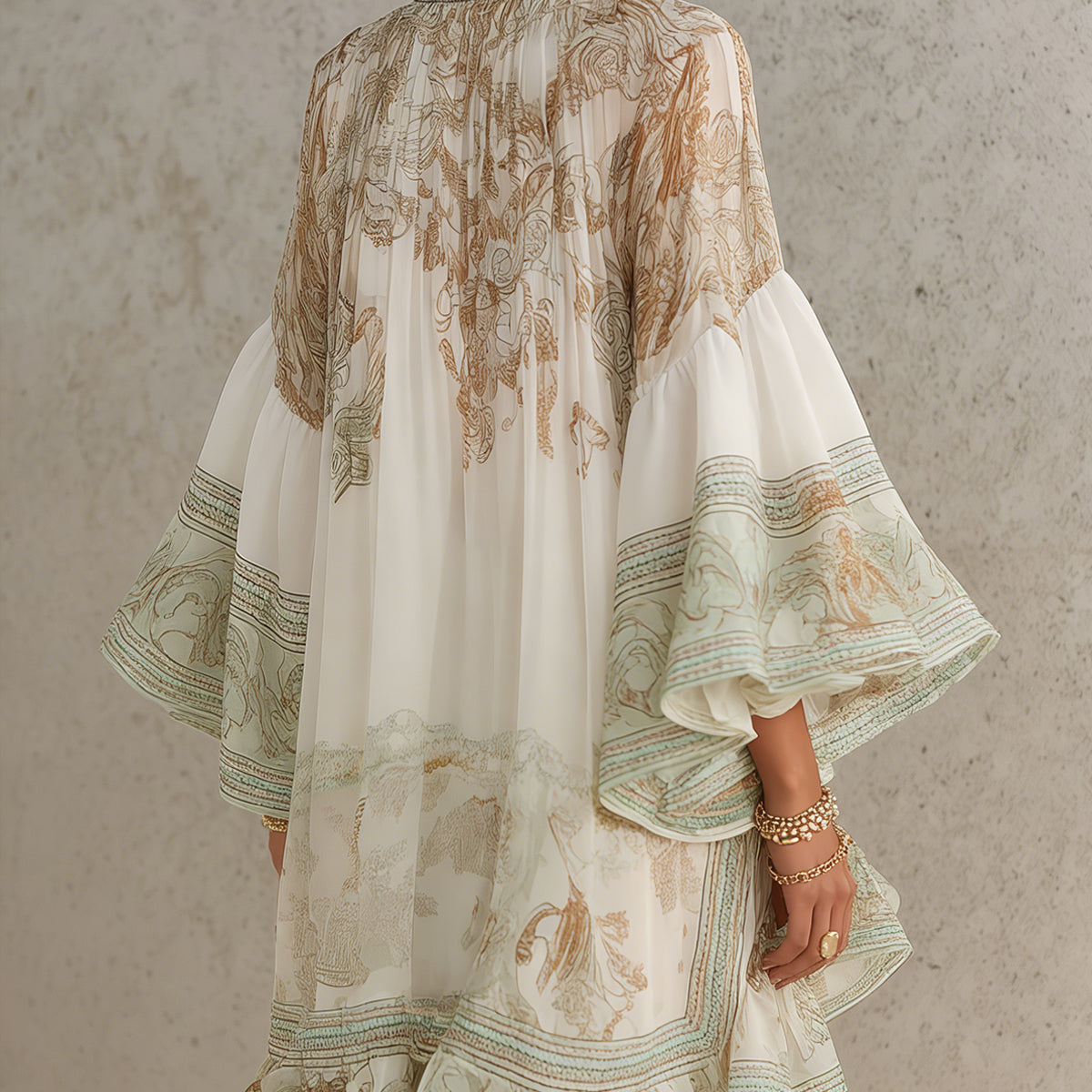 Anneke — Ivory and Sage Floral Mini Dress with Bell Sleeves
