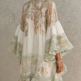 Anneke — Ivory and Sage Floral Mini Dress with Bell Sleeves