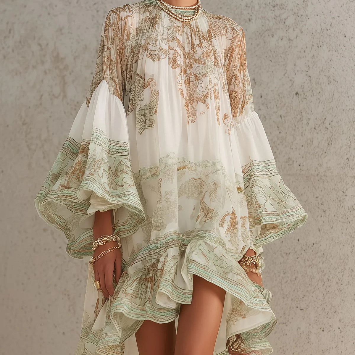 Anneke — Ivory and Sage Floral Mini Dress with Bell Sleeves
