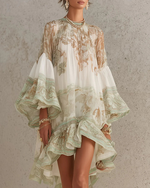 Anneke — Ivory and Sage Floral Mini Dress with Bell Sleeves