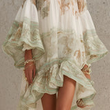 Anneke — Ivory and Sage Floral Mini Dress with Bell Sleeves