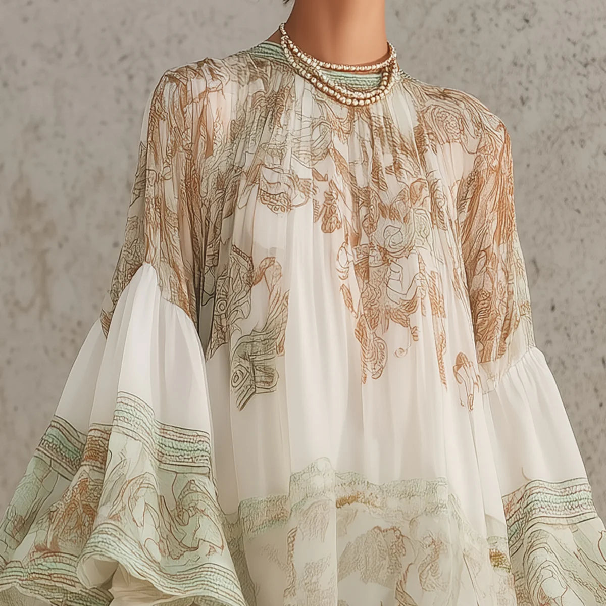 Anneke — Ivory and Sage Floral Mini Dress with Bell Sleeves