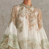Anneke — Ivory and Sage Floral Mini Dress with Bell Sleeves