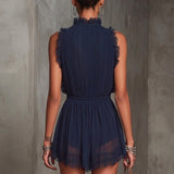 Margrete — Navy Ruffle-Trim Playsuit with Plunge V-Neck and Lace Hem