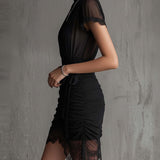 Vigdis — Black Ruched High-Neck Mini Dress with Lace-Trim Hem