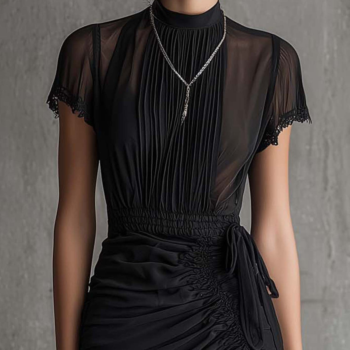Vigdis — Black Ruched High-Neck Mini Dress with Lace-Trim Hem
