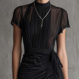 Vigdis — Black Ruched High-Neck Mini Dress with Lace-Trim Hem