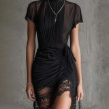 Vigdis — Black Ruched High-Neck Mini Dress with Lace-Trim Hem